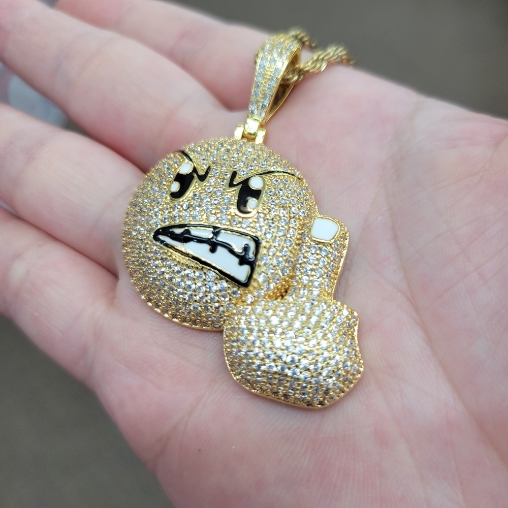 Brand New Angry Face Gold Stainless Steel Rhinestone Necklace